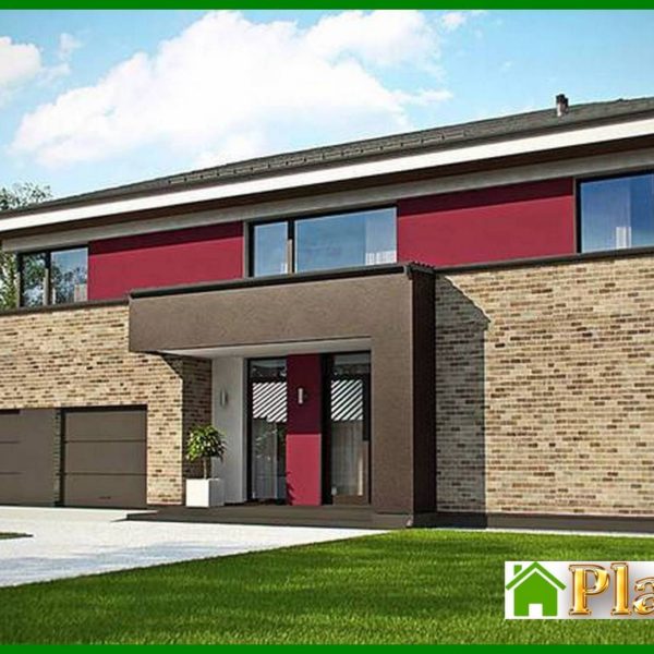 344. Modern project of a two-story house with a garage for two cars and a sauna