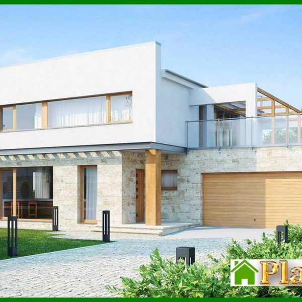355. Project of a two-storey modern cottage with a terrace and a garage 355. Project of a two-storey modern cottage with a terrace and a garage