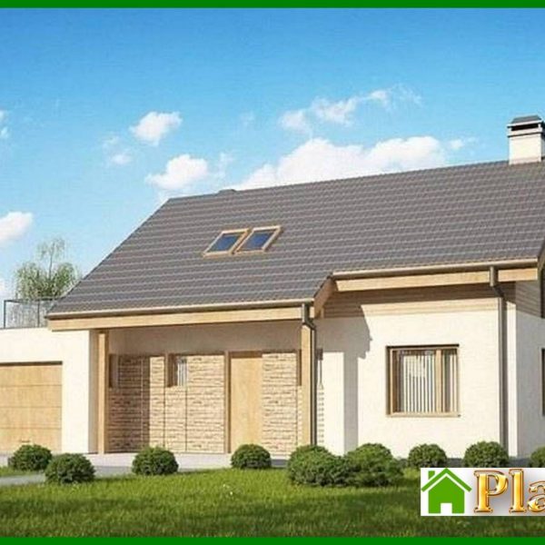 366. Project of a cottage with an attic with a garage for one car 366. Project of a cottage with an attic with a garage for one car