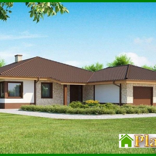 465. Single-storey cottage project for a narrow plot with a large garage