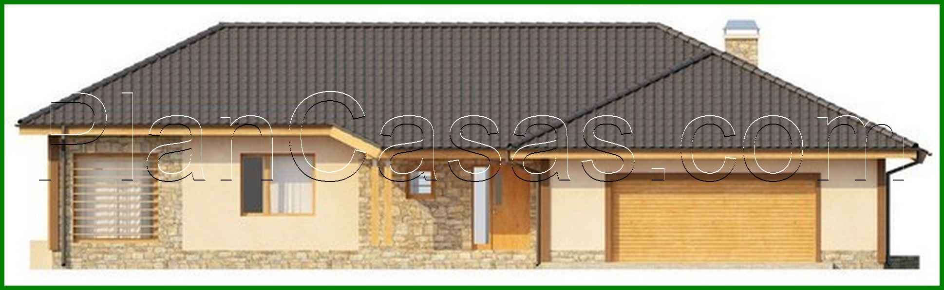 491. One-storey house project with a garage for two cars and a four-gable roof