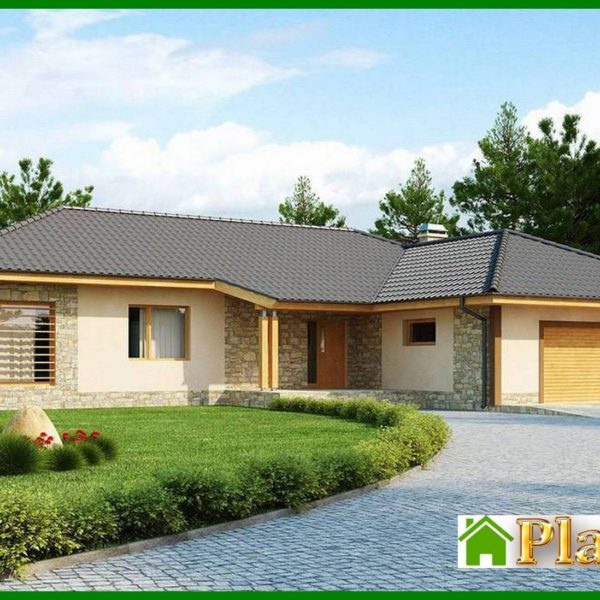 491. One-storey house project with a garage for two cars and a four-gable roof