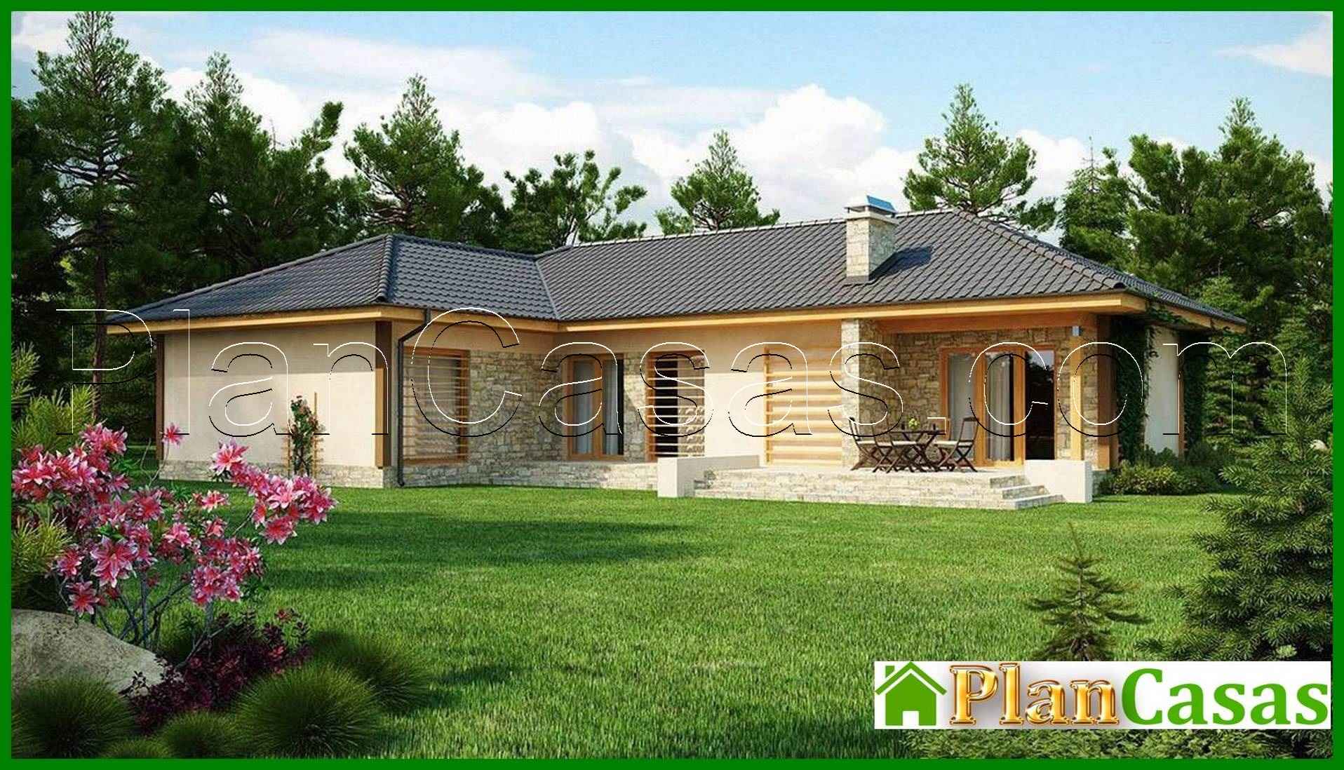 491. One-storey house project with a garage for two cars and a four-gable roof