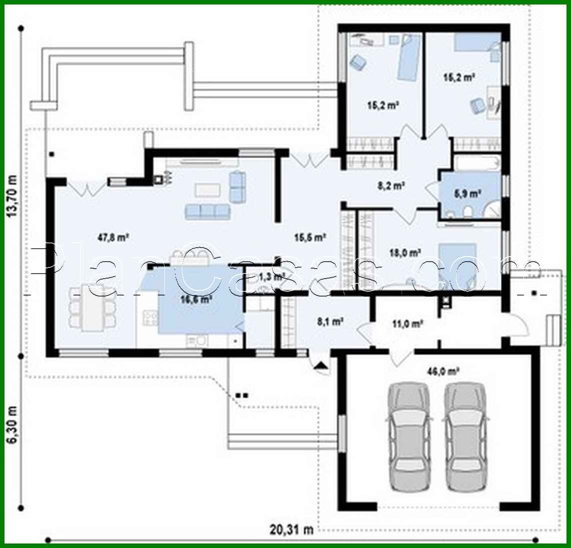 491. One-storey house project with a garage for two cars and a four-gable roof