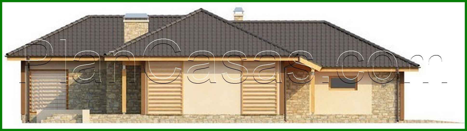 491. One-storey house project with a garage for two cars and a four-gable roof