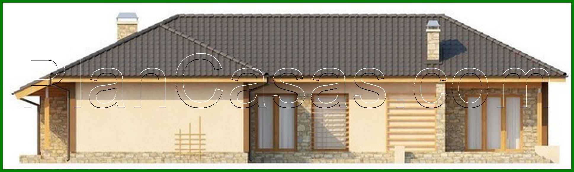 491. One-storey house project with a garage for two cars and a four-gable roof