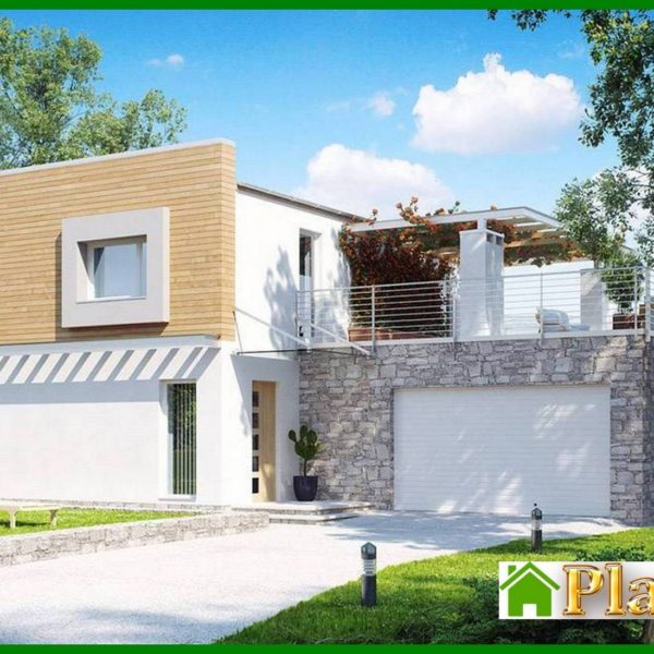 1000. Project of a modern house with a terrace above the garage