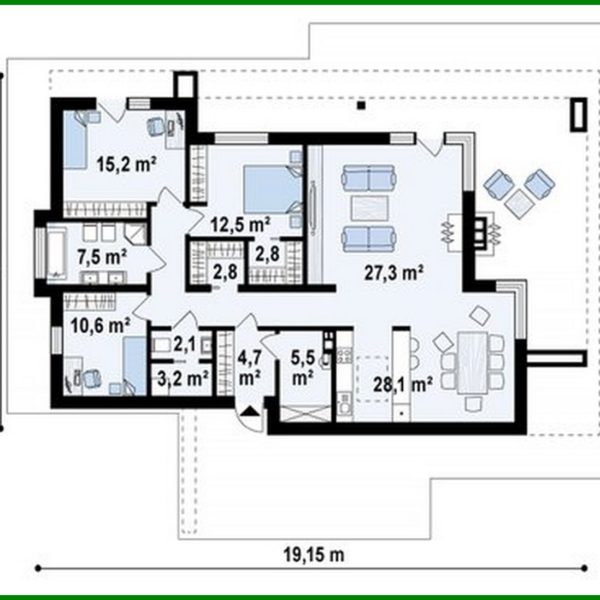 1004. One-story modern mansion for a narrow plot