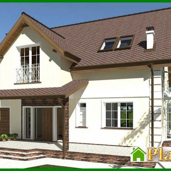 506. The project of a chic country house with a bay window and beautiful balconies