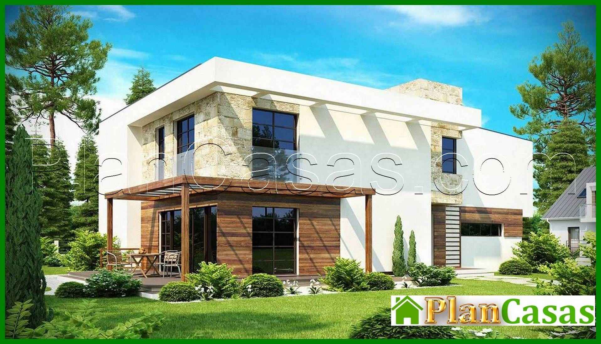 636. The project of a two-story modern cottage with a garage for two cars