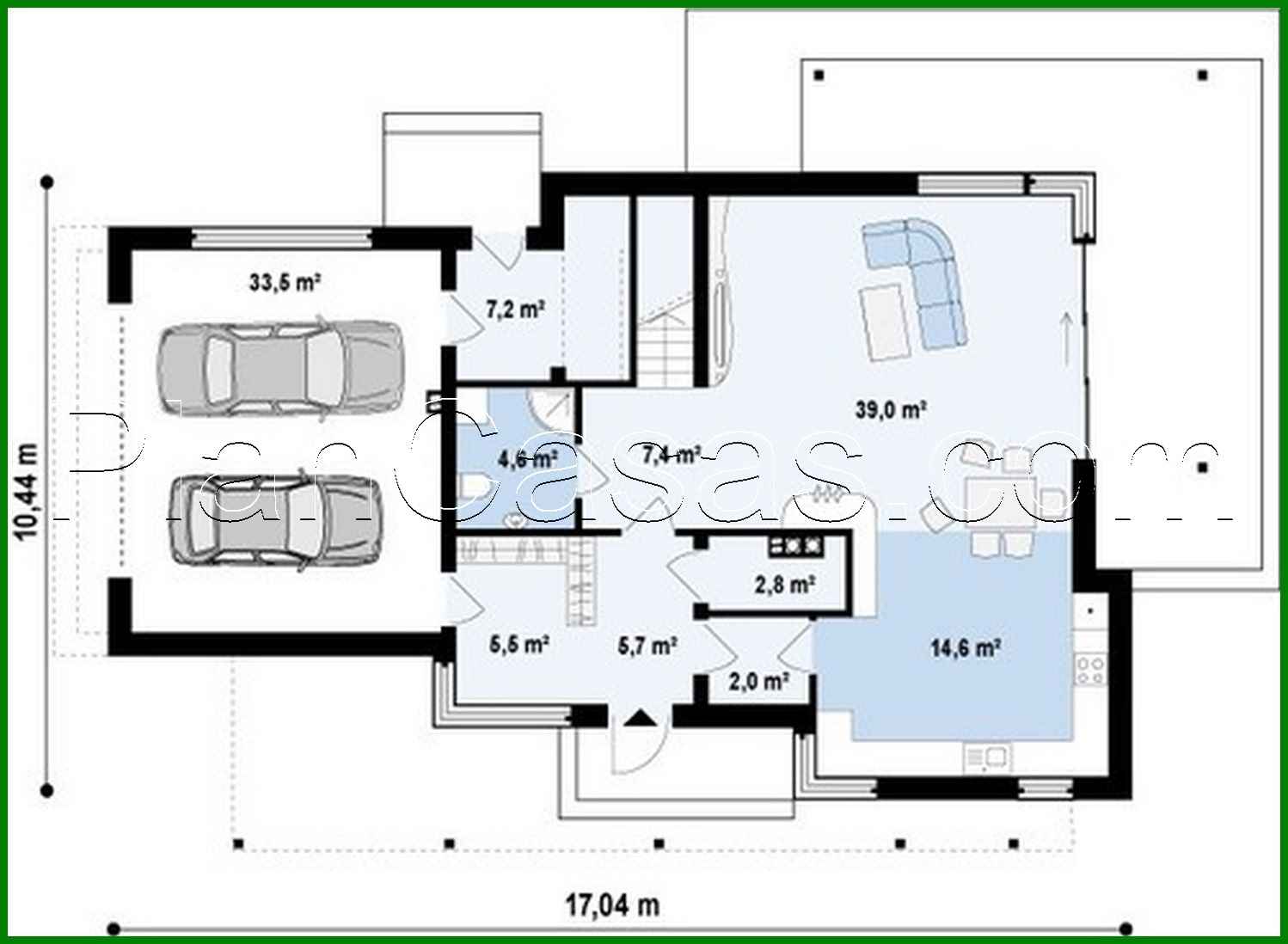 636. The project of a two-story modern cottage with a garage for two cars