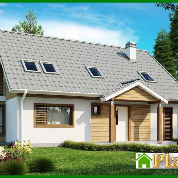 742. House project with an attic, bay window and balcony, stylish facade