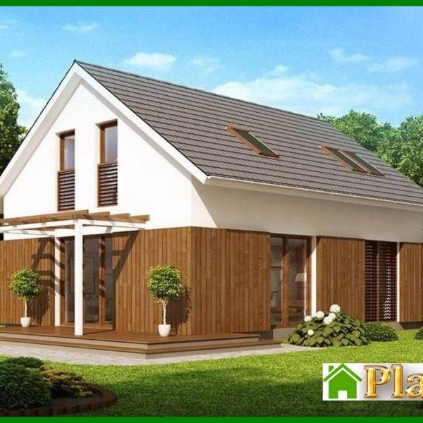 748. Cottage project with an attic, gable roof and wooden facade