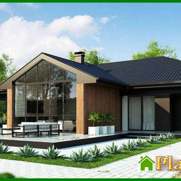 897. Project of an attractive cottage on 246 square meters. m with a spacious living room and stained-glass windows