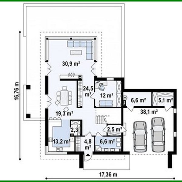 898. Plan of a modern mansion with an area of ​​283 square meters. m with an attached garage for two cars