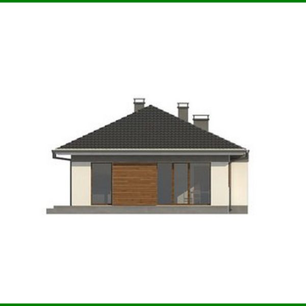 900. The project of a compact cottage on 116 square meters. m under a pitched roof made of metal