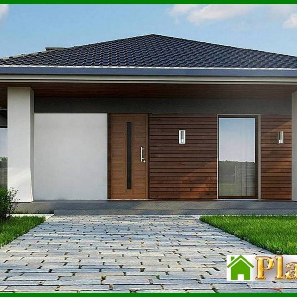 900. The project of a compact cottage on 116 square meters. m under a pitched roof made of metal