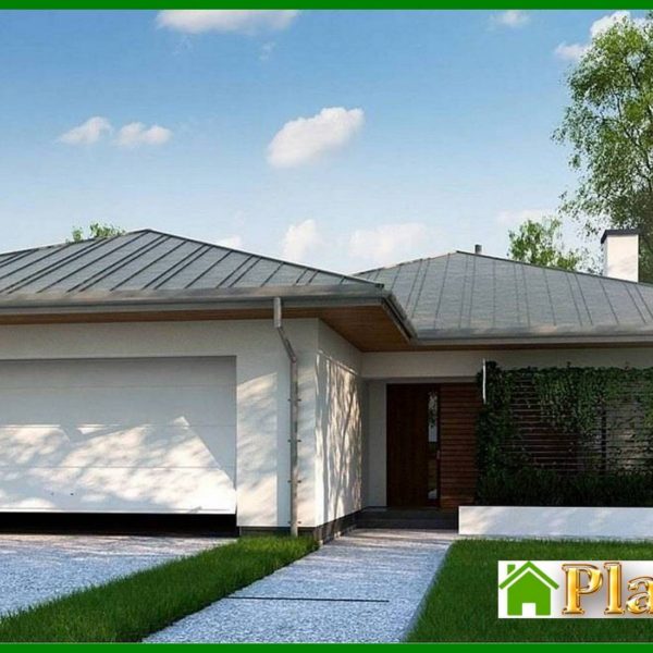 909. The project of a classic one-story cottage with a garage for two cars with an area of ​​up to 150 m2