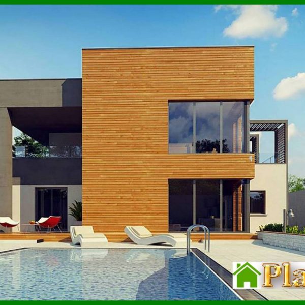 942. Modern two-story cottage with a flat roof with a garage for two cars