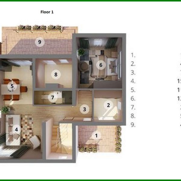 945. Plan of a chic modern four-bedroom mansion